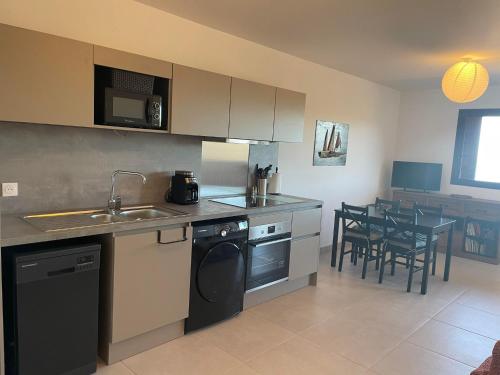 une cuisine avec un évier et un lave-vaisselle dans l'établissement 2TERIMP204 T2 neuf avec terrasse climatisation et parking Collioure, à Collioure