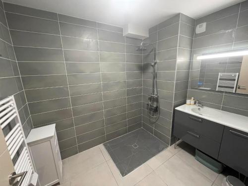 La salle de bains grise est pourvue d'un lavabo et d'une douche. dans l'établissement 2TERIMP204 T2 neuf avec terrasse climatisation et parking Collioure, à Collioure