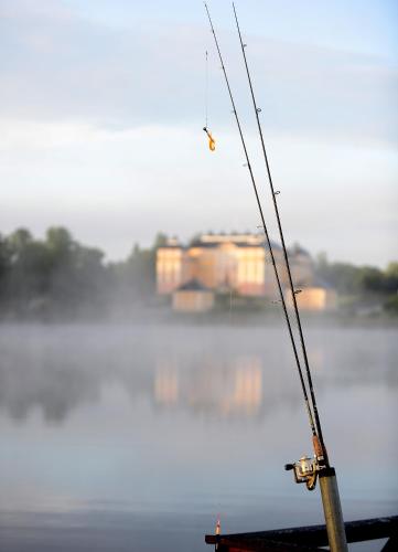 a fishing pole with a view of a body of water at Ericsbergs Slott in Katrineholm