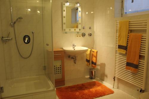 een badkamer met een douche, een wastafel en een douche bij Ferienwohnung Bucher in Tettnang