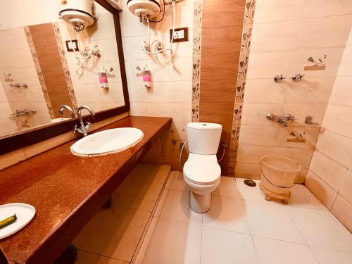 a bathroom with a toilet and a sink and a mirror at Hotel The North Wind in City Center, Manali in Manāli