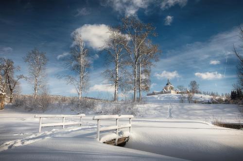 a snowy field with a bench in the snow at Zámek Žďár in Žďár nad Sázavou