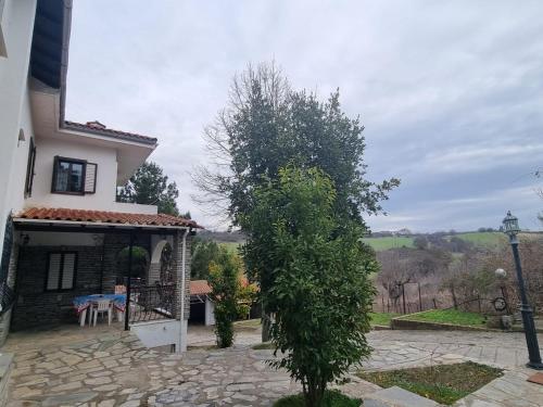 une maison avec une table et un arbre dans la cour dans l'établissement Villa in Trilofos-close to the beach, à Thessalonique
