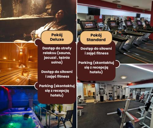 eine Collage mit vier Bildern eines Fitnessstudios in der Unterkunft Hotel Forum Fitness Spa & Wellness in Lublin