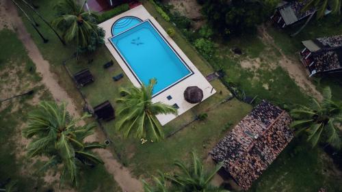 an overhead view of a swimming pool with palm trees at Helios Beach Resort in Tangalle