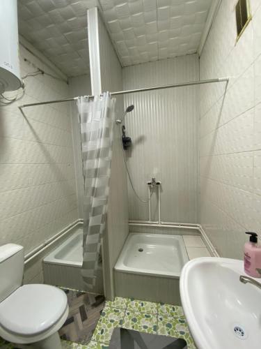 a bathroom with a shower and a toilet and a sink at My Hostel in Osh