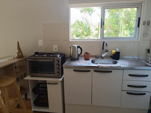 a kitchen with a sink and a microwave at Frente a la playa en El Pinar in Ciudad de la Costa