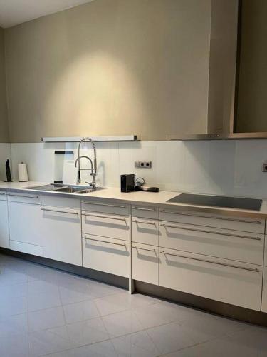 a kitchen with white cabinets and a sink at Exklusive Jugendstilwohnung in Ürzig an der Mosel - 4 Personen - 2 Schlafzimmer - Waschmaschine - Trockner in Ürzig