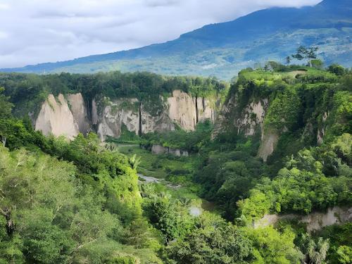 a view of a mountain with trees and a river at X CampGround in Bukittinggi