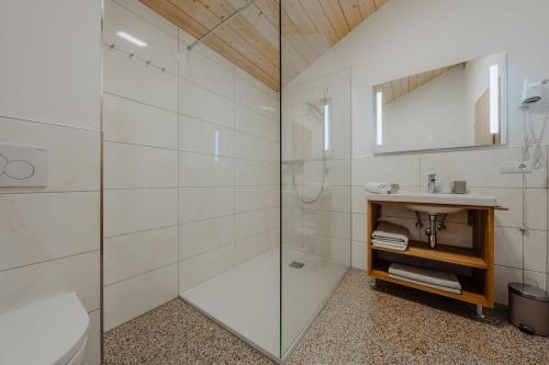a bathroom with a glass shower and a sink at Appartement Anemone in Gortipohl