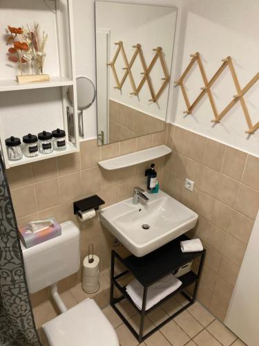 a bathroom with a sink and a toilet and a mirror at Anjas Appartement I zentral I 81 qm stilvolle geräumige Wohnung I Parkplätze vorhanden in Osnabrück