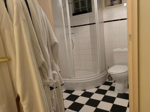 a bathroom with a shower and a toilet and a tub at B&B Petit Chateau - Stijlvol verblijf Centraal gelegen in Zeeuws Vlaanderen in Biervliet