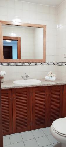 a bathroom with a sink and a mirror at Moradia 3 quartos com piscina partilhada no Gerês Caniçada Braga in Vieira do Minho