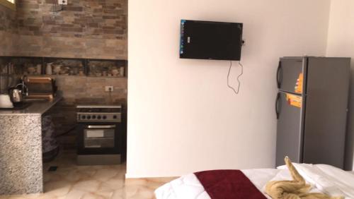 a kitchen with a refrigerator and a tv on the wall at Villamar Sea View rooms & apartments in Hurghada