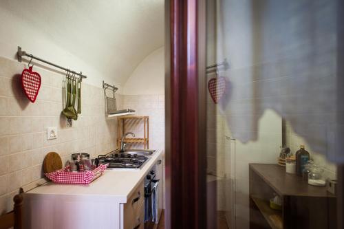een kleine keuken met een fornuis en een wastafel bij Casa Ladyhawke in Santo Stefano di Sessanio