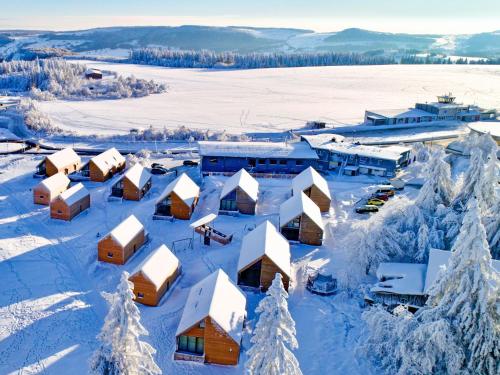 una vista aérea de un pueblo cubierto de nieve en Feriendorf Wasserkuppe 