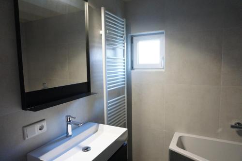 ein Bad mit einem Waschbecken, einem Spiegel und einem Fenster in der Unterkunft Kustverhuur Park Schoneveld Zeester 66 in Breskens