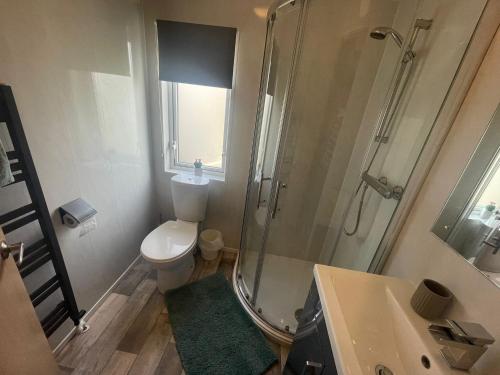 タターズホールにあるLuxury Lakeside Lodge L1 with hot tub situated at Tattershall Lakes Country Parkのシャワー、トイレ、洗面台を備えたバスルーム