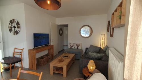 a living room with a couch and a tv at T3 STANDING CENTRE STATION VALBERG in Valberg