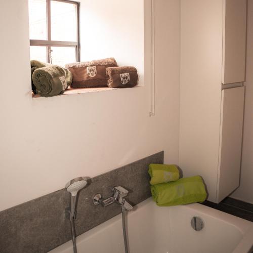 a bathroom with a bath tub with a faucet at Lozerkasteel in Kruishoutem