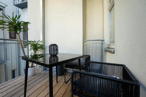 Contemporary apartment with a balcony.
