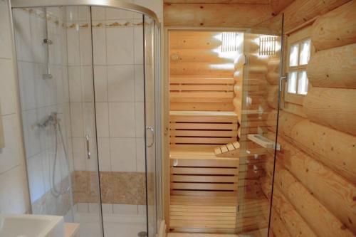 a bathroom with a walk in shower and a glass shower stall at Luxury Chalet at Podlipje Estate in Tešanovci