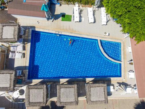 an overhead view of a large blue swimming pool at Viras Hotel in Ortakent