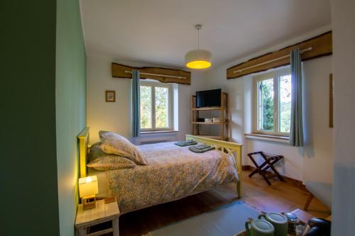 ein Schlafzimmer mit einem Bett und zwei Fenstern in der Unterkunft La Borie du Cambord - Gîtes et Chambres d'hôtes in Sarlat-la-Canéda