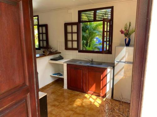 eine Küche mit einem Waschbecken und einem Fenster in der Unterkunft Zayann Zen in Gourbeyre