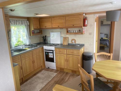 a small kitchen with a stove and a table at Caravan F8 Aberystwyth Holiday Village in Aberystwyth