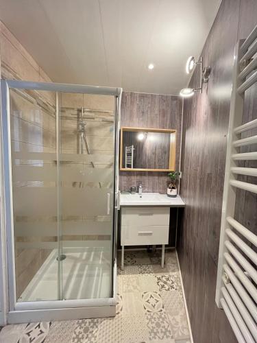 une salle de bain avec douche et lavabo dans l'établissement Résidence des Sources, à Vichy