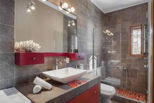 y baño con lavabo, aseo y ducha. en Zefis Villa Aegina, en Aegina Town