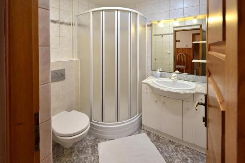 a white bathroom with a toilet and a sink at Vila Aurora - Vysoke Tatry in Mlynčeky