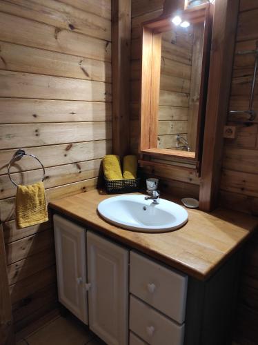 a bathroom with a sink and a mirror at Le tri Haut de Bellevue - Bungalow Manguier in Pointe-Noire