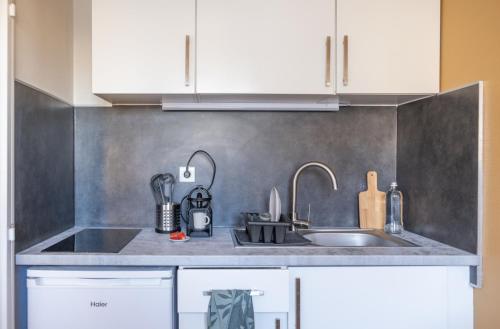 une cuisine avec des armoires blanches et un évier dans l'établissement Parking - L'Ambre - Balcon, à Strasbourg