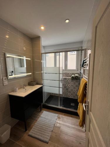 une salle de bain avec douche et lavabo dans l'établissement Grande chambre dans loft à deux pas de la plage, à Dunkerque