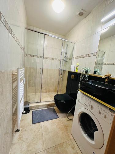 a bathroom with a shower and a washing machine at Aura centrum in Piešťany