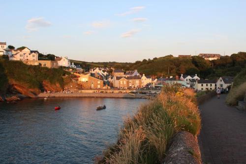 a river with boats in a town with houses at The Nest in Little Haven