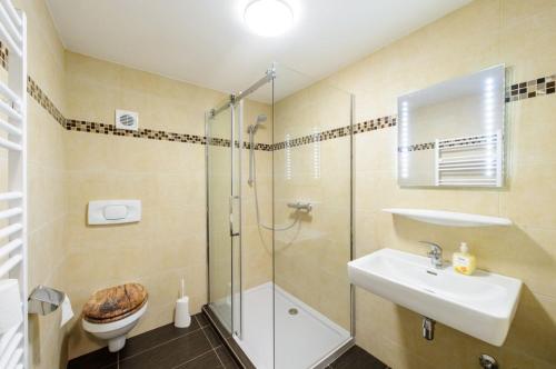 La salle de bains est pourvue d'une douche, d'un lavabo et de toilettes. dans l'établissement Gästehaus Elisabeth, à Tulfes