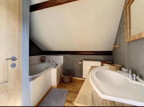 a bathroom with a sink and a bath tub at The Lodge Ardenne in Tailles