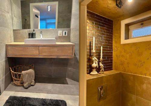 uma casa de banho com um lavatório e um espelho em RESIDENCE LEEUWARDEN em Leeuwarden