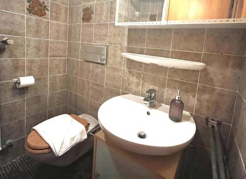 y baño con lavabo y aseo. en Ferienwohnung Alpenglühen - mit Sauna & Frühstück en Schliersee