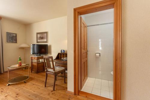 a bathroom with a shower and a desk and a television at Hotel Ramsauhof Pool & Wellness Breakfast & Light Dinner Buffet in Ramsau am Dachstein