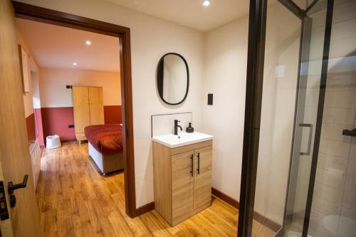 uma casa de banho com um lavatório, um espelho e um chuveiro em RWST Holiday Lodges em Llanrwst