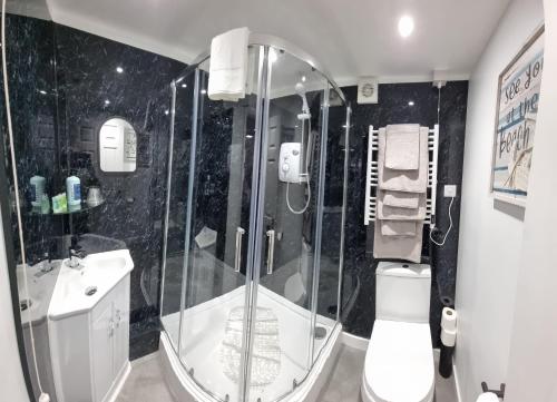 a bathroom with a shower and a toilet and a sink at Poppy Cottage in Whitby