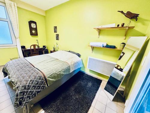 1 dormitorio con 1 cama en una habitación con paredes amarillas en Chambre privée à louer, en Seclin