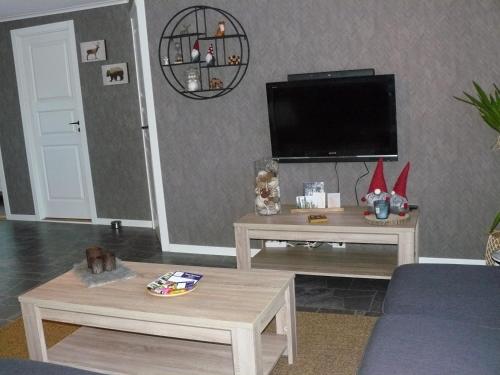 sala de estar con 2 mesas y TV de pantalla plana en Huset Alcamaro, 