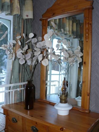a vase with flowers on a table in front of a mirror at Huset Alcamaro in Haugland