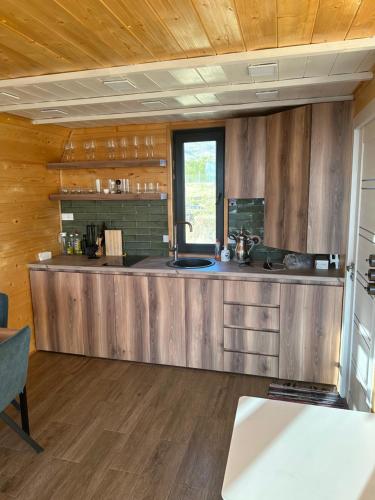 a kitchen with wooden walls and a counter with a sink at A Frame Denver in Ashtarak