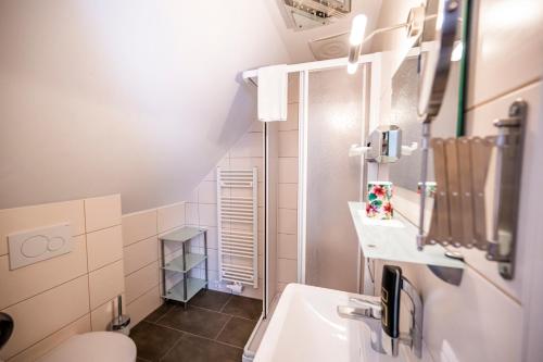 a small bathroom with a sink and a shower at Die Schlafstube - Bed & Breakfast in Zeltweg